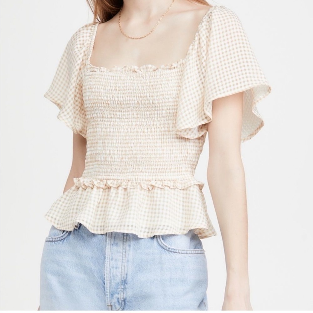 ASTR The Label Smocked Gingham Peplum Crop Top Flutter Sleeves Cream Tan XS